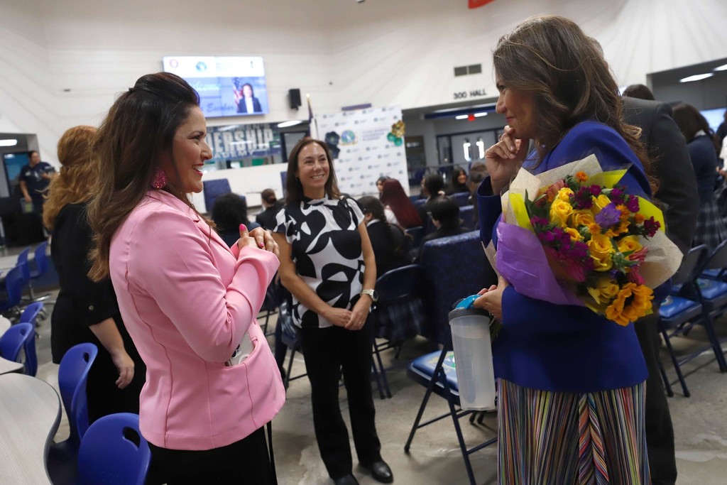 Young Women's STEAM Prep Academy Principal speaking with Congresswoman Veronica Escobar