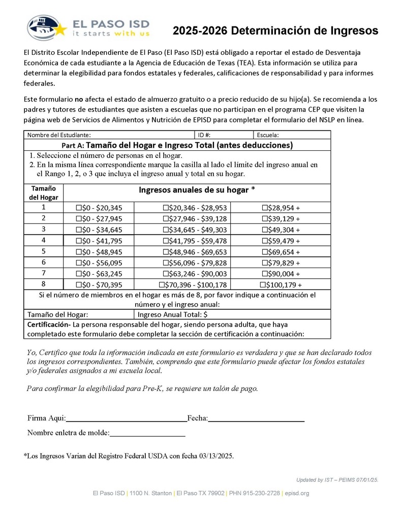 2025-2026 Income Eligibility Form (SPANISH)