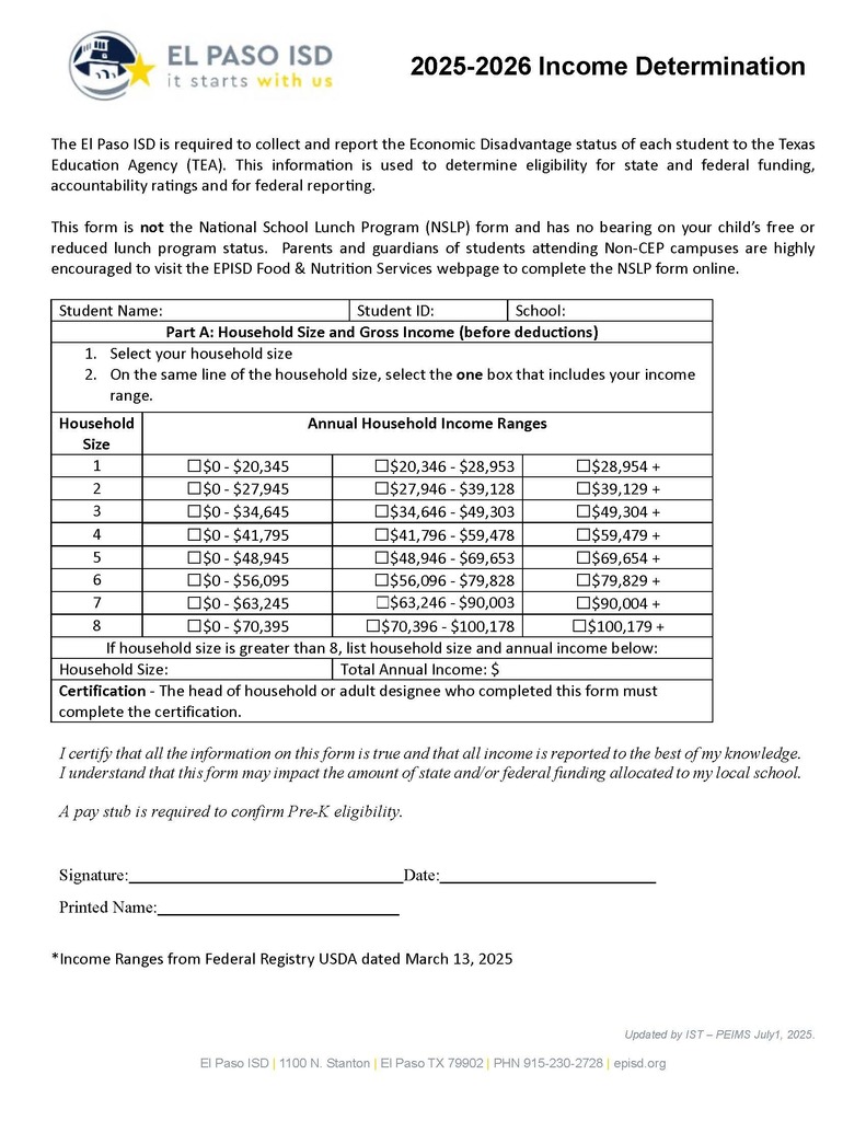 2025-2026 Income Eligibility Form (ENGLISH)