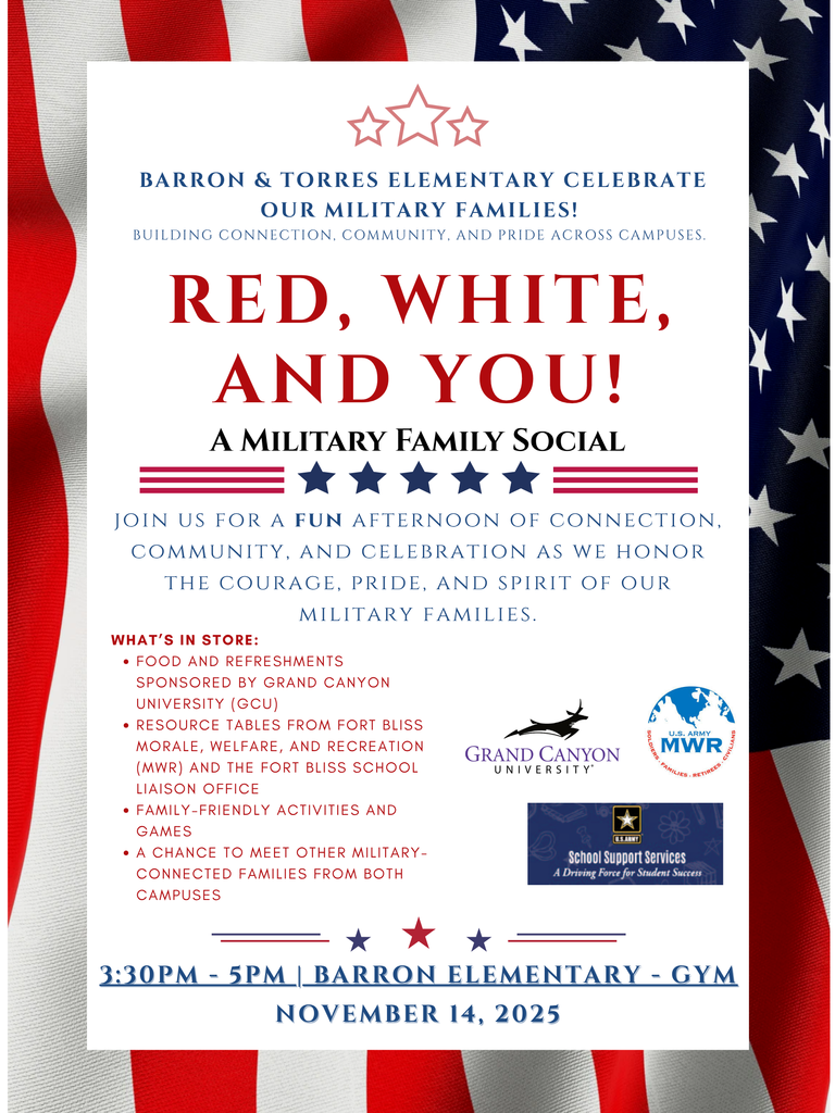 American Flag with White Text box over with text announcing Red, white an dYou: A Military Family Social happening at Barron Elementary, November 14th from 3:30pm to 5pm. Military connected families are encouraged to come connect and have fun.
