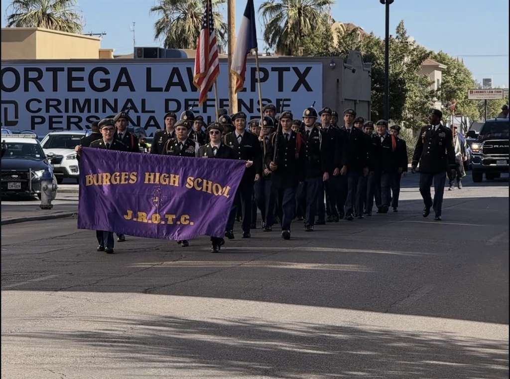 Burges JROTC students and instructors marching at 2025 El Paso Veterans Day Parade