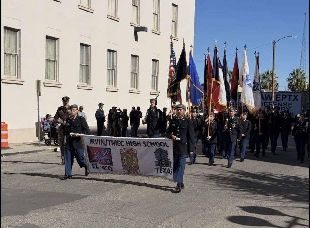 Irvin and Transmountain Early College High School JROTC students and instructors marching at 2025 El Paso Veterans Day Parade