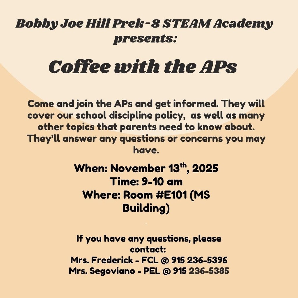 Coffee with the APs informing parents on our school discipline policy Nov 13th 9am-10am
