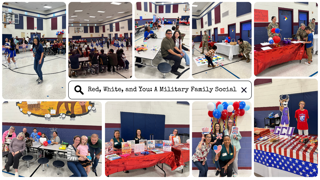 A collage of nine pictures from Red, White, and You: A Military Family Social highlighting our community partners, the Raptor Cheer performance, and the overall fun.