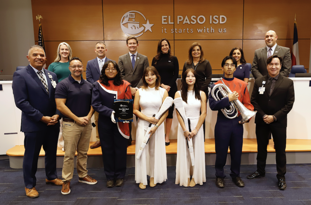 El Paso ISD Board of Trustees and Interim Superintendent Martha Aguirre were proud to recognize our outstanding marching bands for earning superior ratings and advancing to the UIL Area competition. 🌟       Congratulations to our exceptional bands from Andress, Coronado, El Paso High, Franklin, and Irvin High Schools. 👏🎶       (pictured Irvin High School)