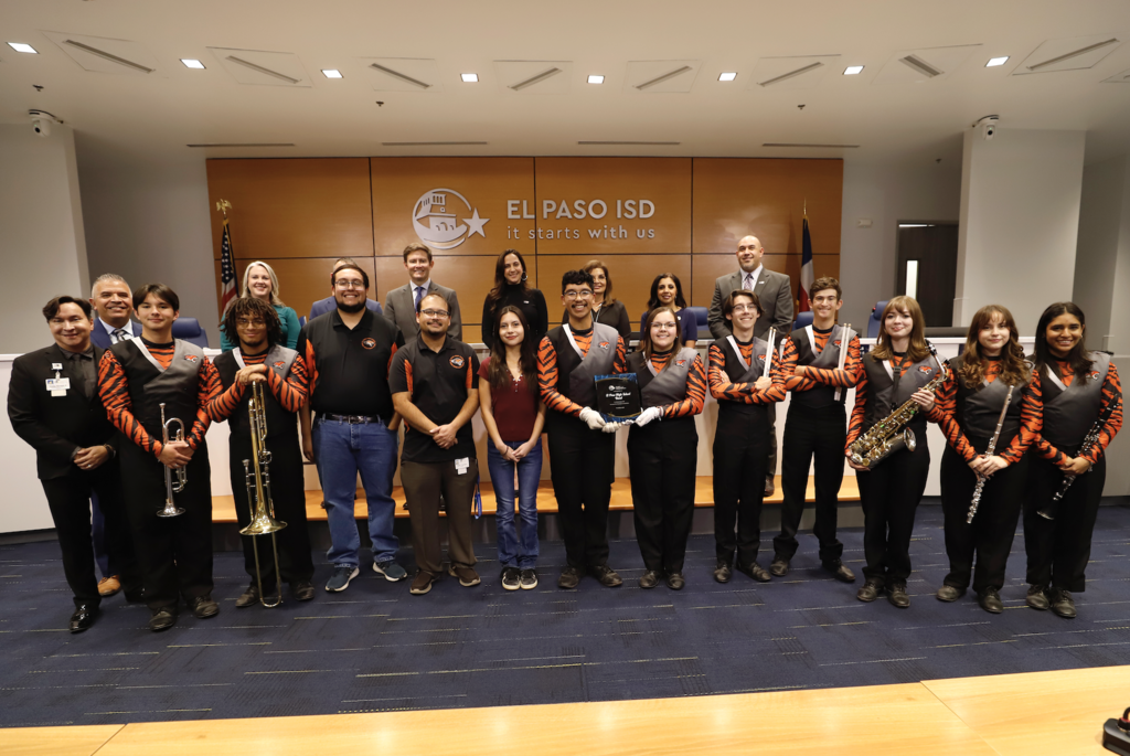 El Paso ISD Board of Trustees and Interim Superintendent Martha Aguirre were proud to recognize our outstanding marching bands for earning superior ratings and advancing to the UIL Area competition. 🌟       Congratulations to our exceptional bands from Andress, Coronado, El Paso High, Franklin, and Irvin High Schools. 👏🎶       (pictured El Paso High School)