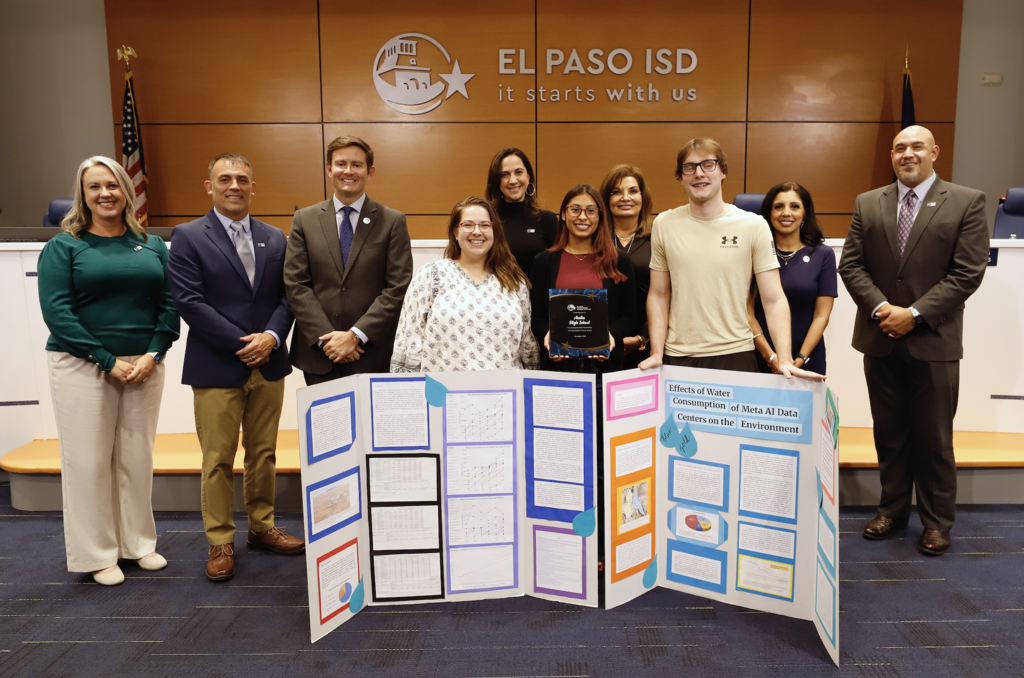 El Paso ISD Board of Trustees and Interim Superintendent Martha Aguirre were excited to recognize our students’ success at this year’s KTSM Weather Fest.⛅ We’re incredibly proud of Franklin High School for earning Best Overall High School Project and of Austin High School for taking home the Ultimate Weather Warrior Award. 🏆🌟 (pictured Austin High School)