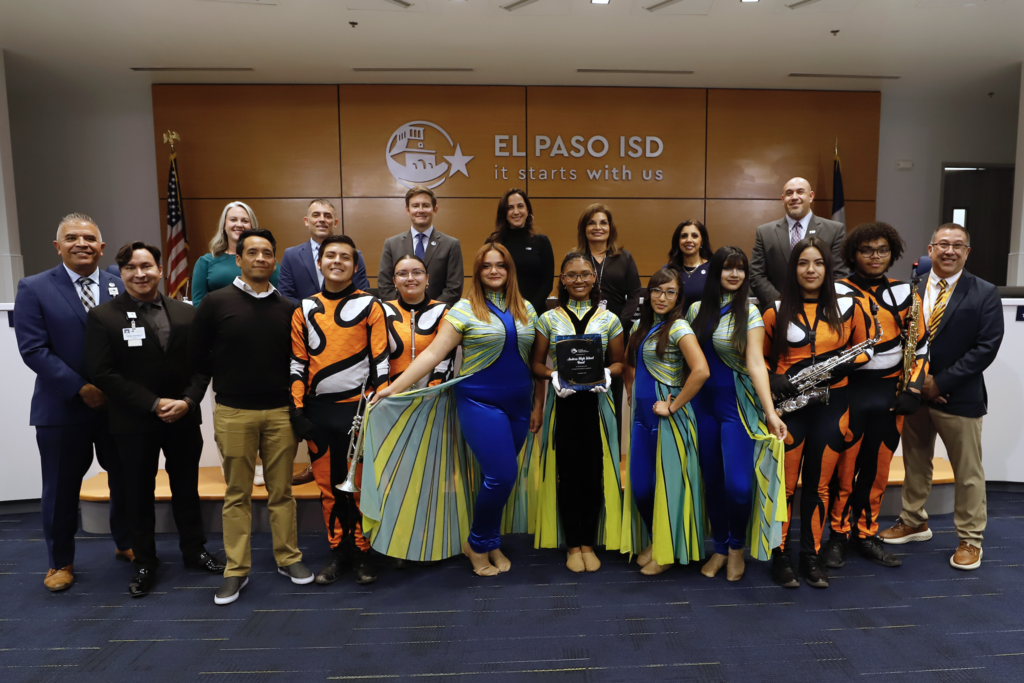 El Paso ISD Board of Trustees and Interim Superintendent Martha Aguirre were proud to recognize our outstanding marching bands for earning superior ratings and advancing to the UIL Area competition. 🌟       Congratulations to our exceptional bands from Andress, Coronado, El Paso High, Franklin, and Irvin High Schools. 👏🎶      (pictured Andress High School)