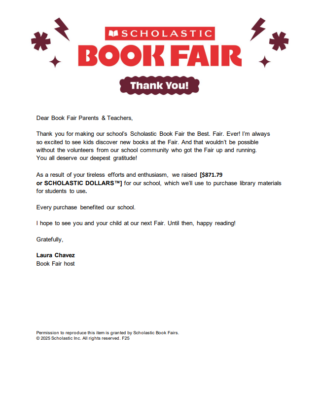 Thank you letter form the librarian on hoe great the School's book fair went
