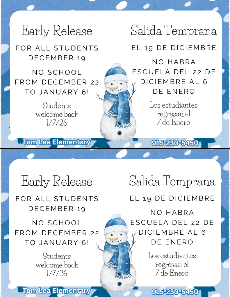 Early Release 12/19 and No school until Jan 7