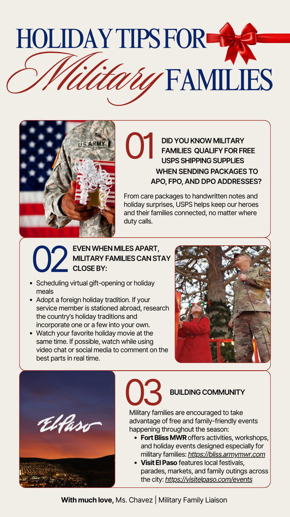 Flyer is titled Holiday Tips for Military Families and has three sections: Free USPS shipping supplies, traditions, and building community