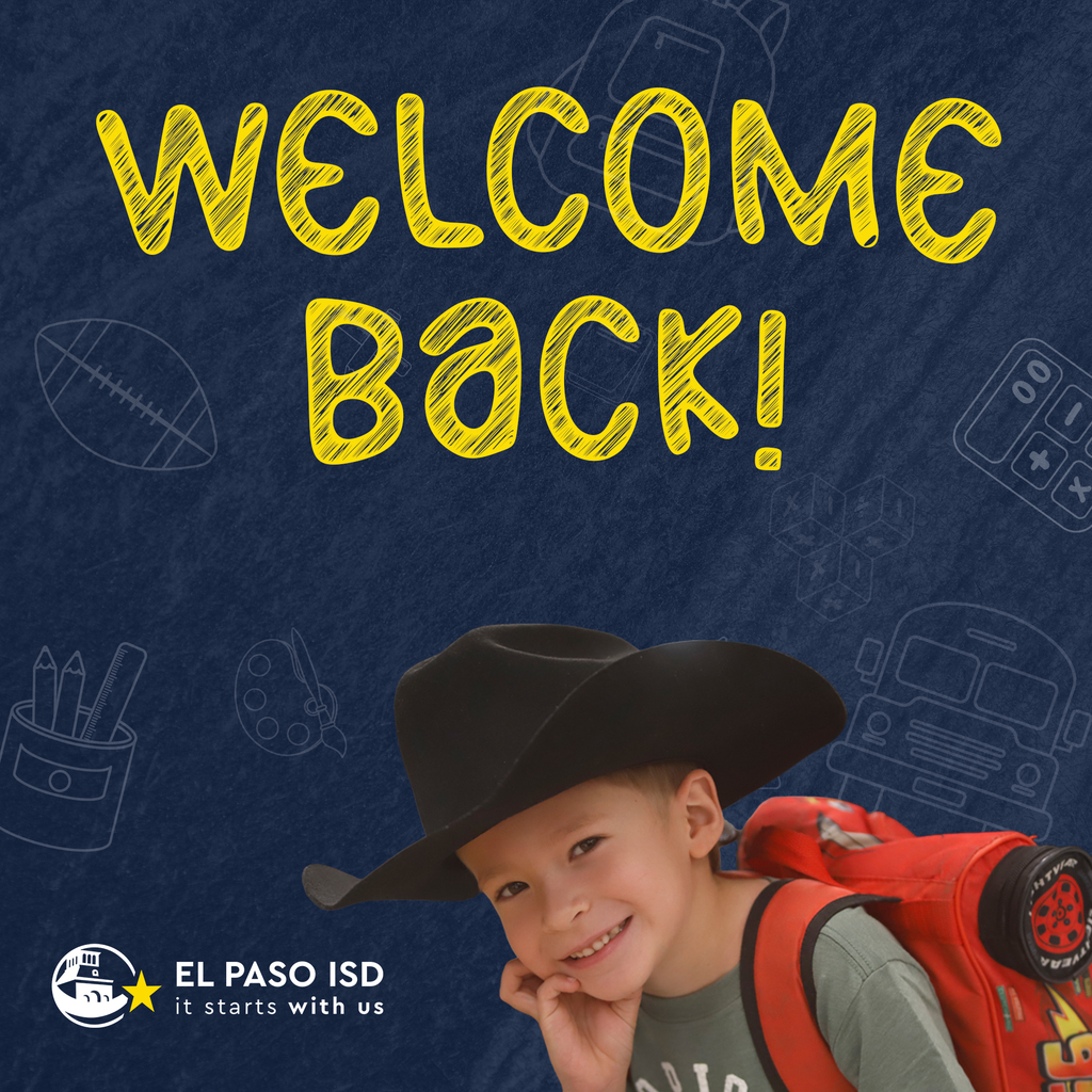 Welcome Back graphic with a student in a cowboy hat smiling