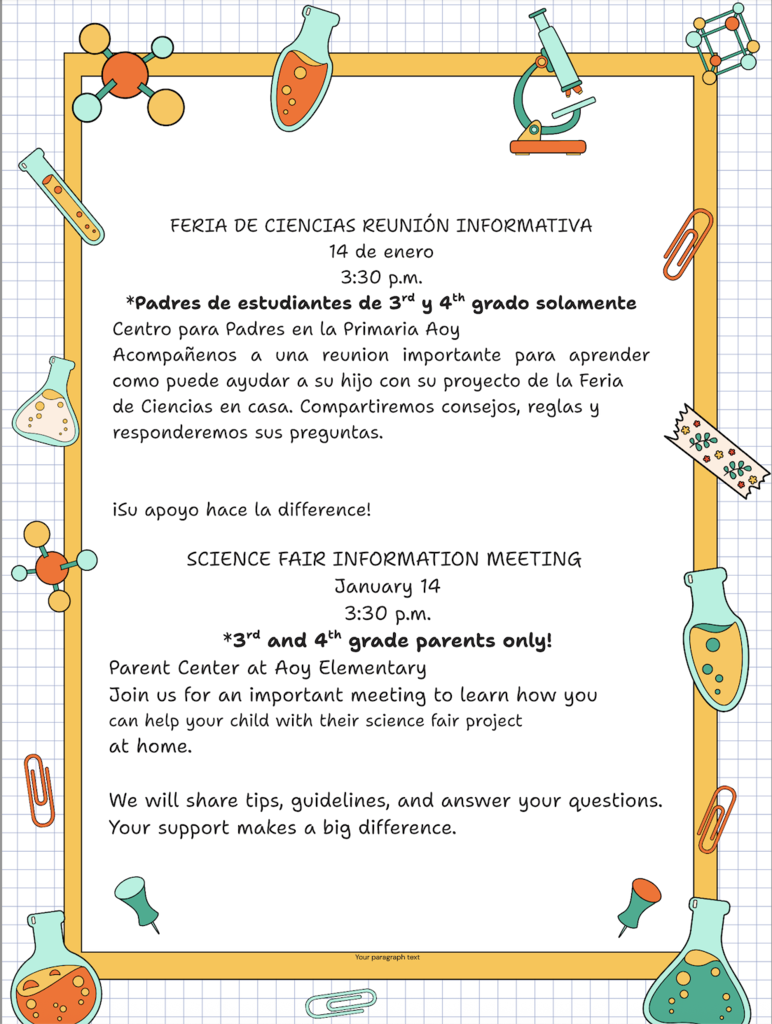 Please join Us 3rd and 4th Grade parents for a Science Fair Information Meeting on January 14th at 3:30