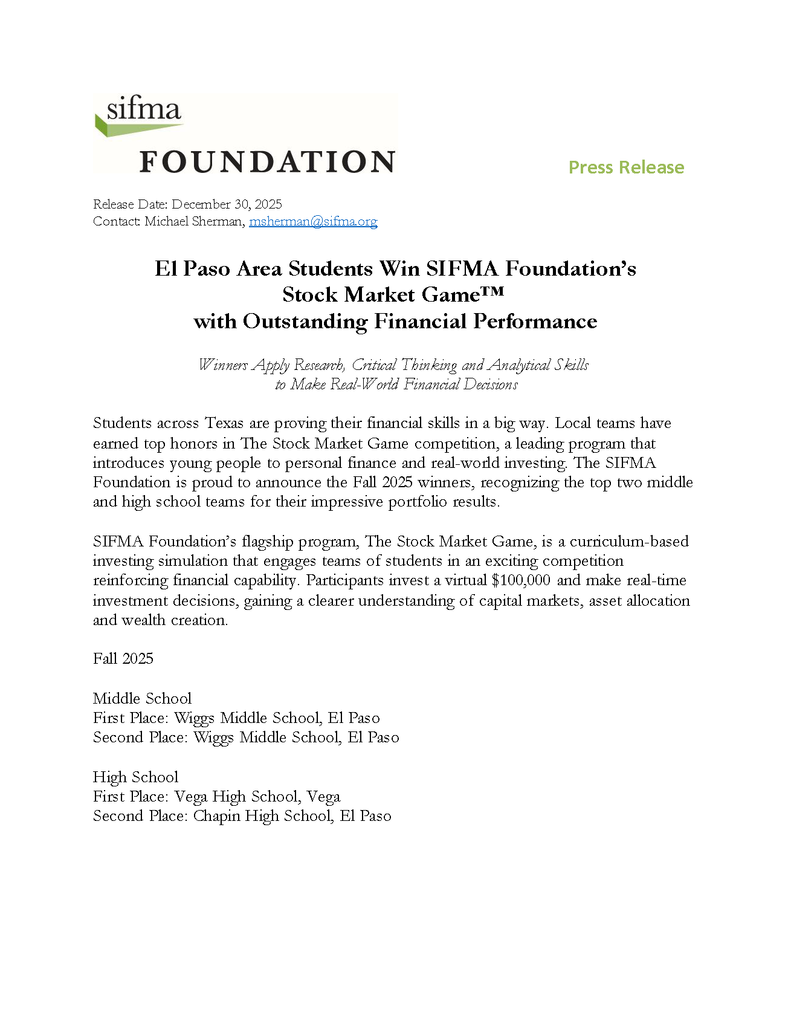SIFMA Foundation Press Release Pg. 1