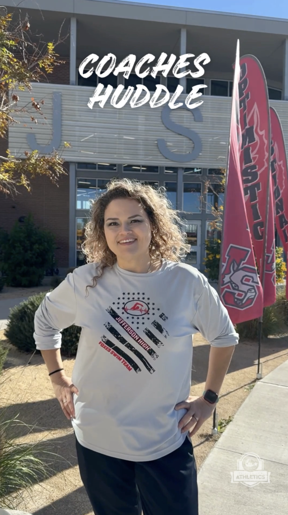 Photo of Jefferson Silva High School swimming coach with video title "Coaches Huddle"