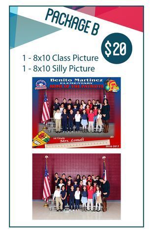 Package B is 20.00 and it has one 8x10 class picture and a Silly Picture 