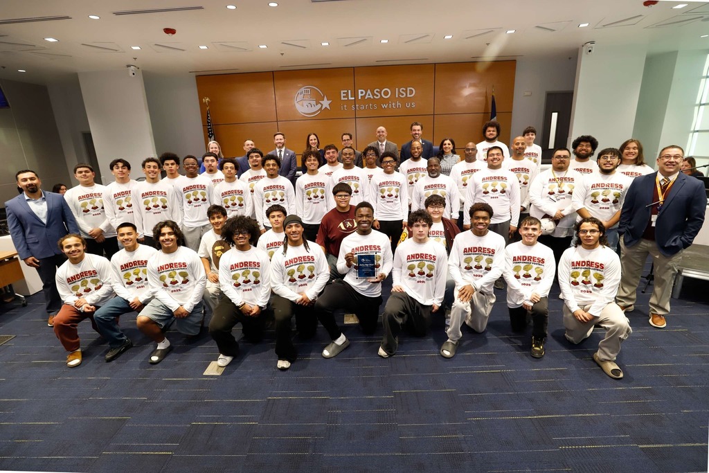 El Paso ISD Board of Trustees and Superintendent Dr. Brian Lusk were excited to recognize the Andress High School football teams for earning the Bi-District Championship and advancing to the area playoffs. We are incredibly proud of the Golden Eagles’ hard work, dedication, and outstanding achievement. 