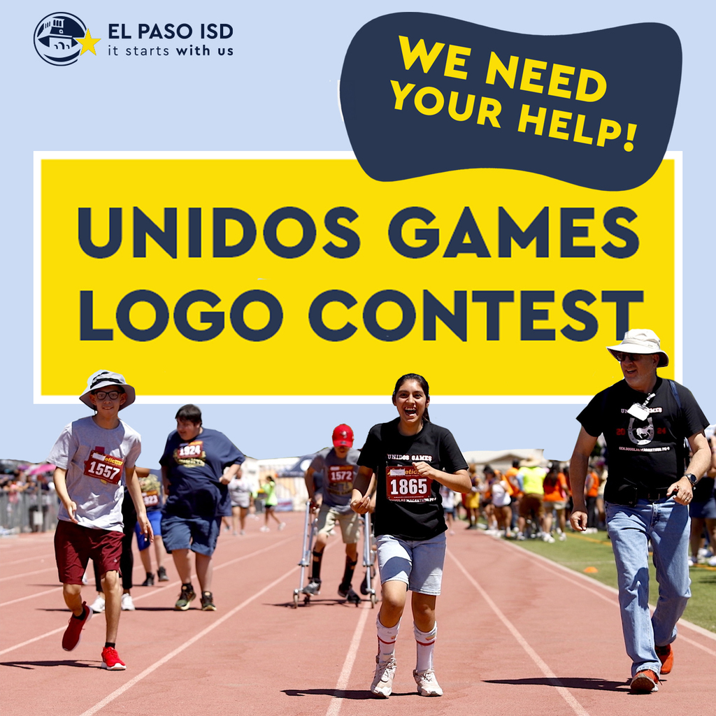 We Need Your Help! Unidos Games Logo Contest graphic with photo from previous Unidos Games students running