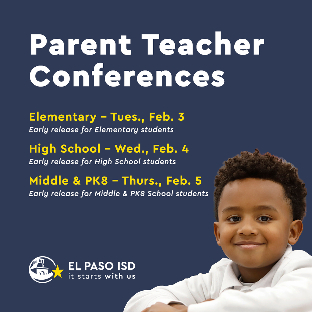 Parent Teacher Conferences graphic Elementary on Tues. Feb. 3 and early release for elementary students. High School on Wed. Feb. 4 and early release for high school students. Middle and PK8 on Thurs. , Feb. 5 and early release for Middle and PK8 school students