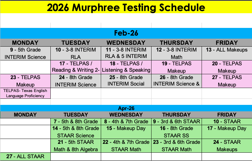 2026 Murphree Testing Schedule