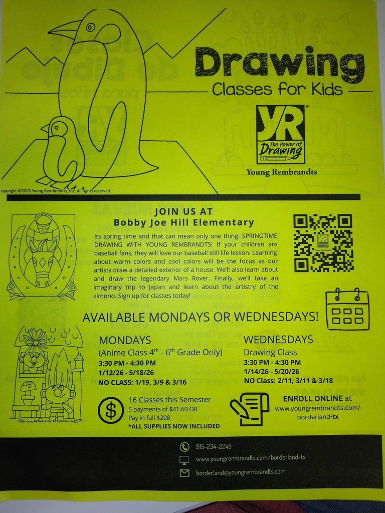 Drawing classes for students Mondays after school 3:30pm-4:40pm