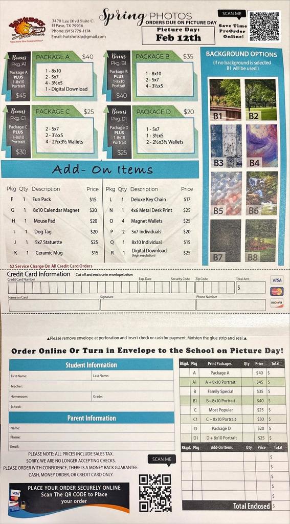 Parents, Spring Picture Day is this Thursday, February 12th. Order online or turn in your completed form with payment on picture day.