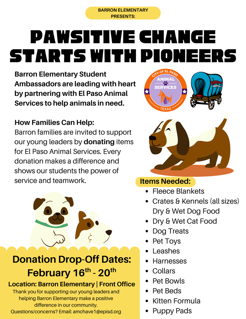 Flyer promoting a Community Drive led by the Pioneer Student Ambassadors for El Paso Animal Services
