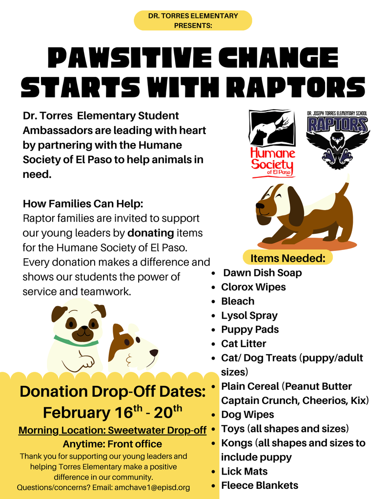 Flyer promoting community drive for the Humane society of El Paso led by the Student Ambassadors