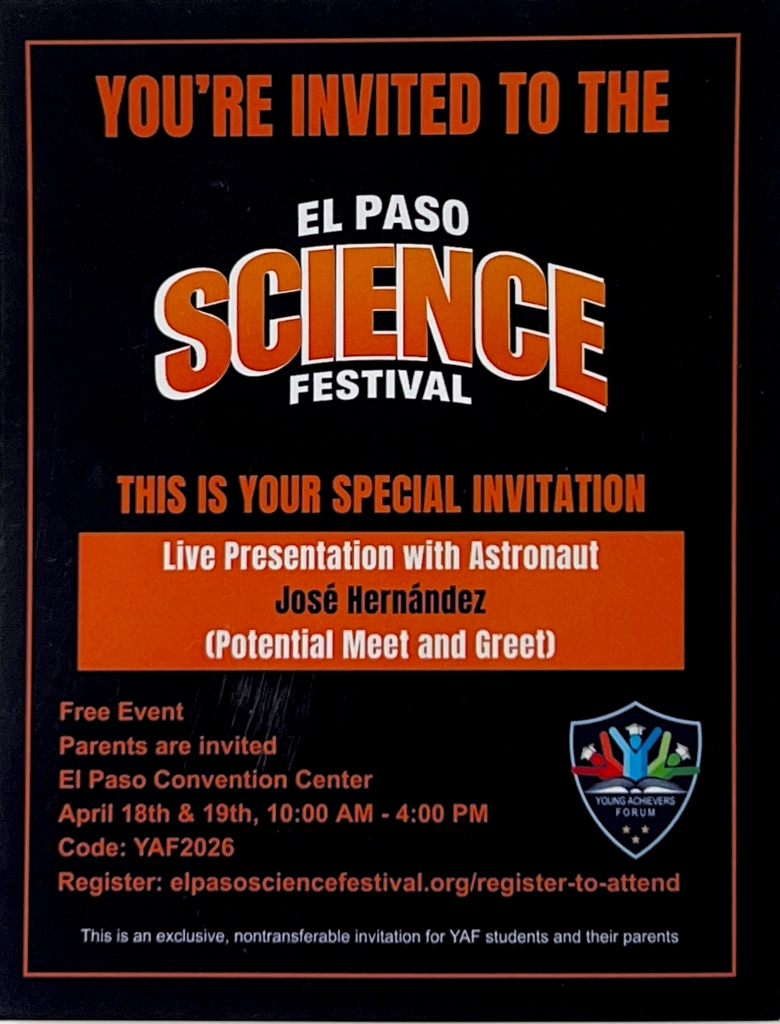 El Paso Science Festival live presentation with Astronaut Jose Hernandez April 18th & 19th from 10-4 pm