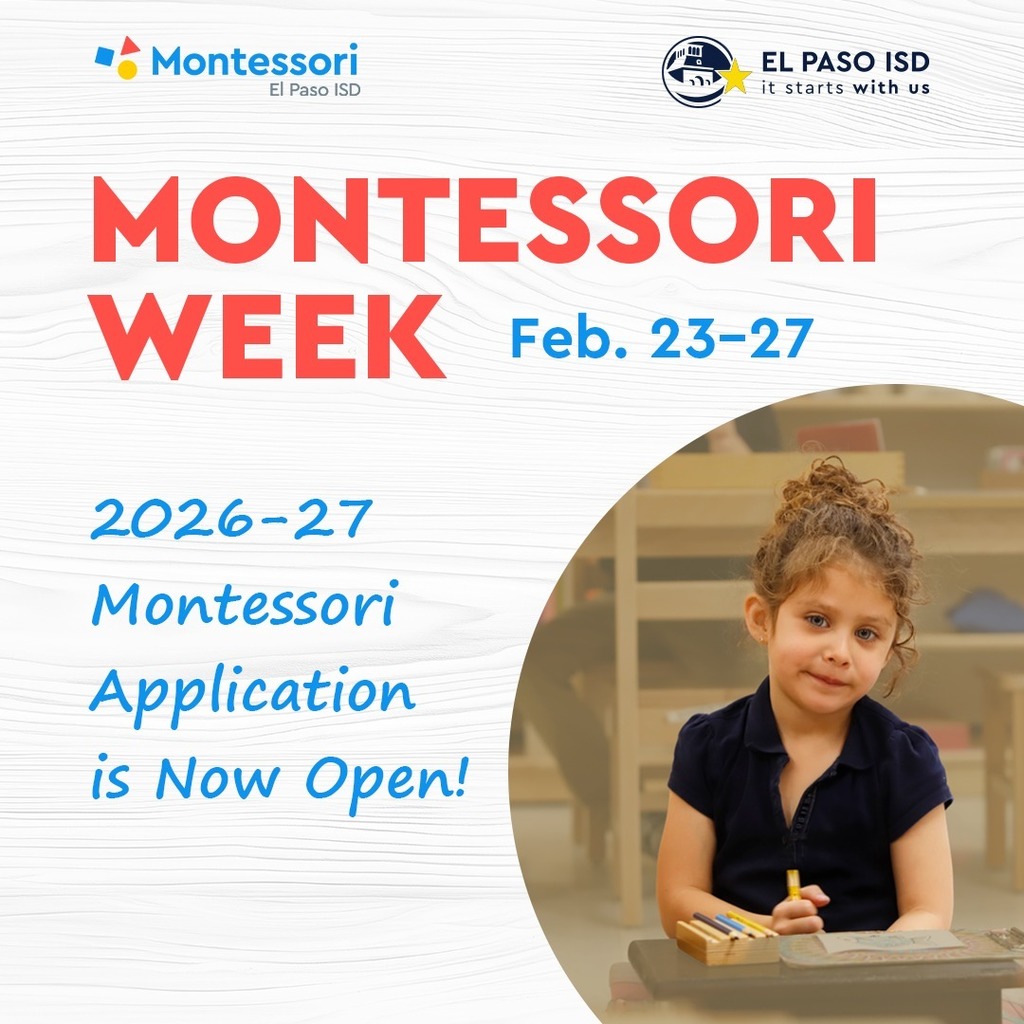 Montessori Week Feb. 23-27 2026-27 Montessori is Now Open! graphic with photo of a Montessori student in classroom
