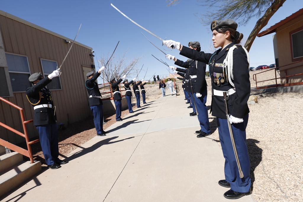 TMECHS JROTC welcoming students to the Superintendent Student Advisory Council meeting