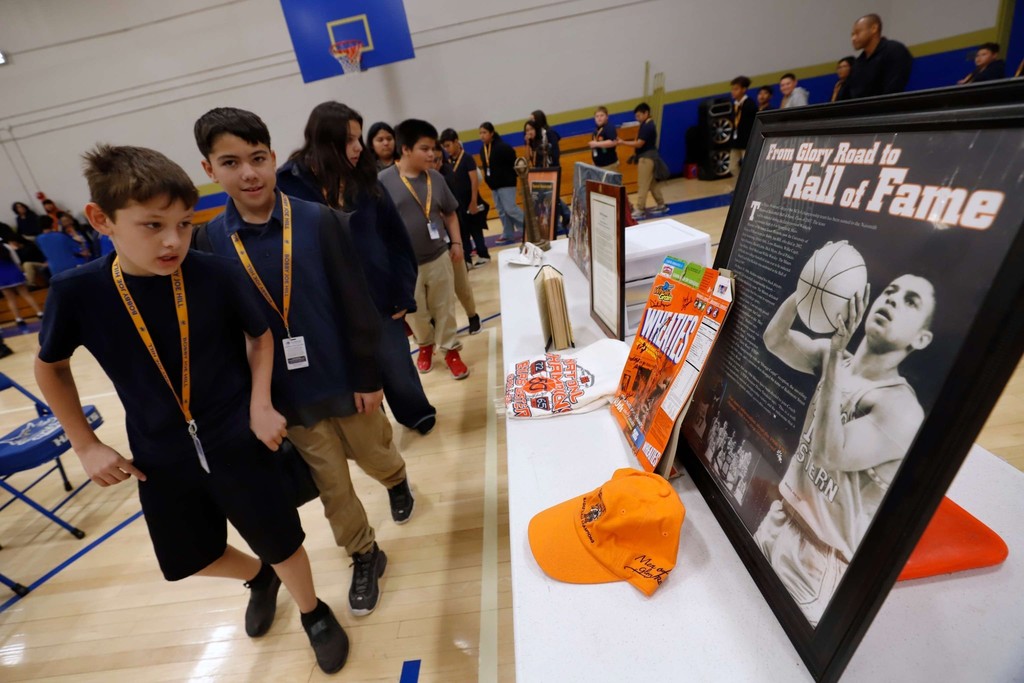Students look at Bobby Joe Hill memory table
