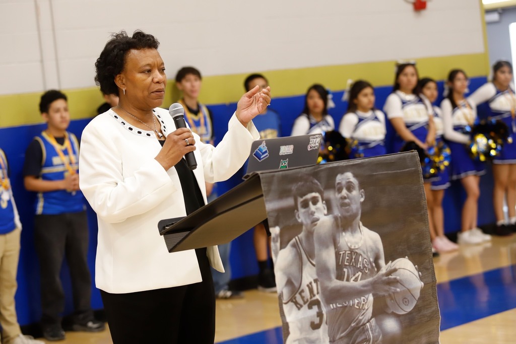 Person speaking at Bobby Joe Hill's ceremony at Hill PK8