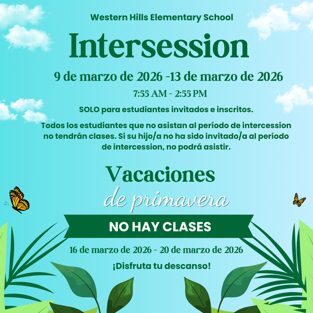 Spring Intersession runs from March 9-March 13, only students who have been invited by their teacher are permitted to attend. Spring Break begins on March 16-March 20, campus will be closed.  Classes resume on  Monday, March 23. 