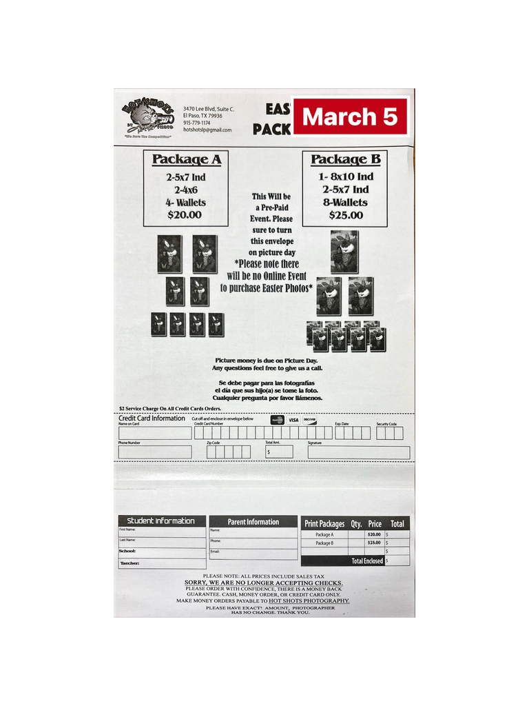 Easter Portrait order forms are due early tomorrow morning, This is a prepaid event and there is no online ordering. 