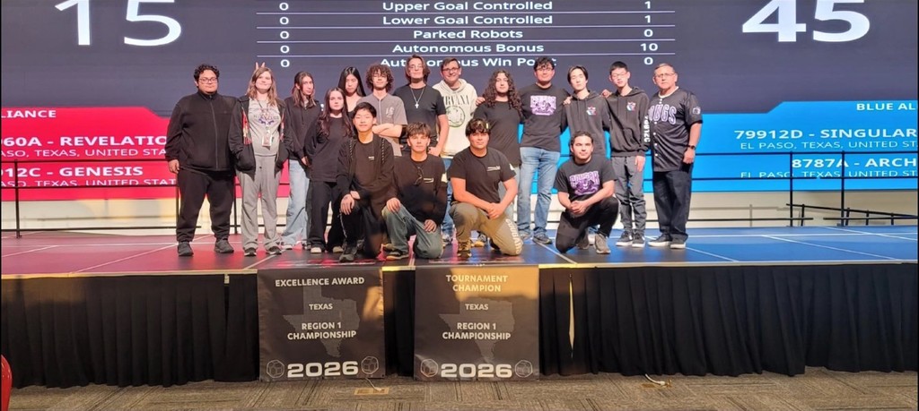 Franklin High School Robotics team takes a group photo with winning banners
