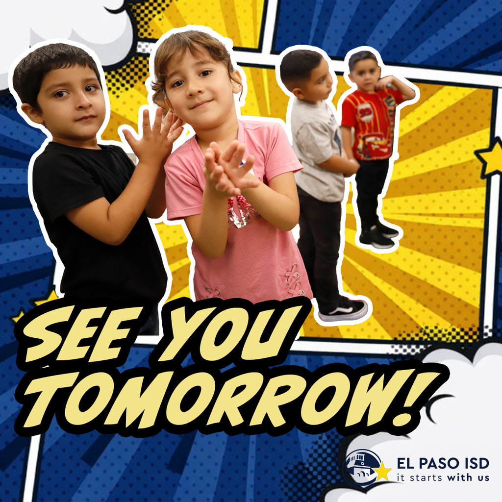 Graphic with four kids that is in comic book style that says See You Tomorrow!