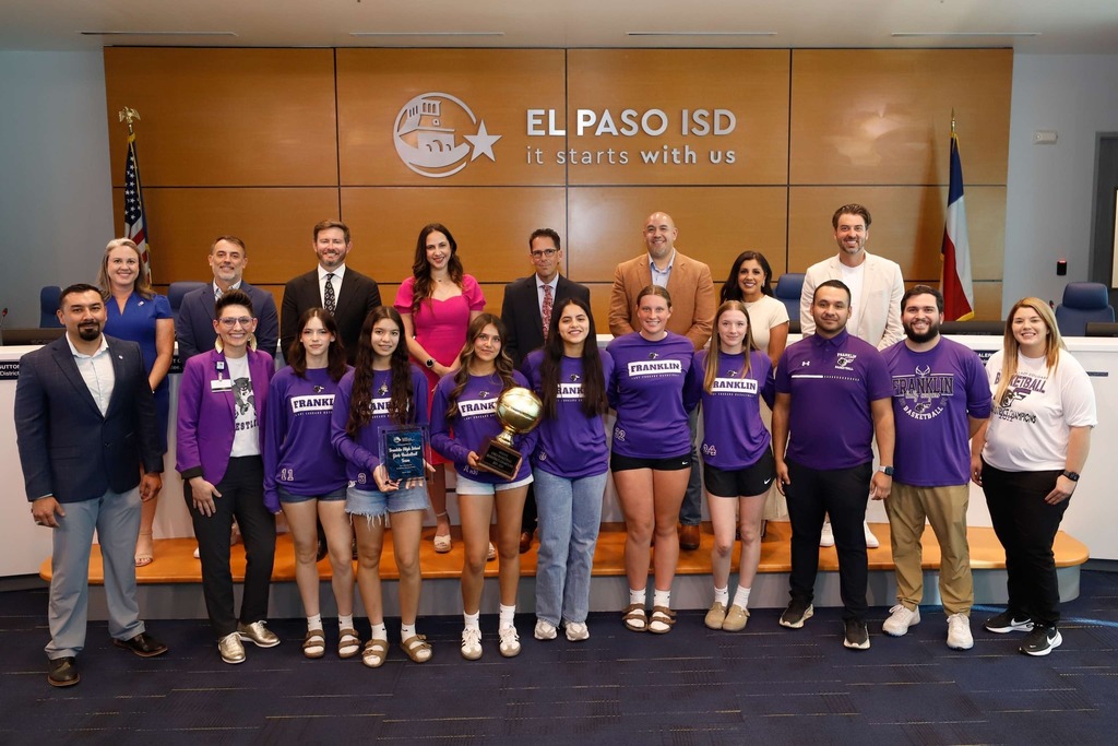 El Paso ISD Board of Trustees and Superintendent Dr. Brian Lusk were excited to recognize our girls basketball teams who earned the title of Bi-District Champions! 🏀🏆 Their dedication, grit, and never-quit attitude continue to shine both on and off the court, and we couldn’t be prouder. 💪👏 Congratulations to our champions from Burges, Chapin, Franklin, and Irvin High Schools! 🌟 (photo of Franklin high school girls basketball team with board members and coaches)