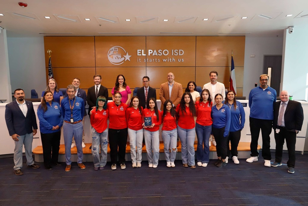 El Paso ISD Board of Trustees and Superintendent Dr. Brian Lusk were excited to recognize our girls basketball teams who earned the title of Bi-District Champions! 🏀🏆 Their dedication, grit, and never-quit attitude continue to shine both on and off the court, and we couldn’t be prouder. 💪👏 Congratulations to our champions from Burges, Chapin, Franklin, and Irvin High Schools! 🌟 (photo of Irvin high school girls basketball team with board members and coaches)