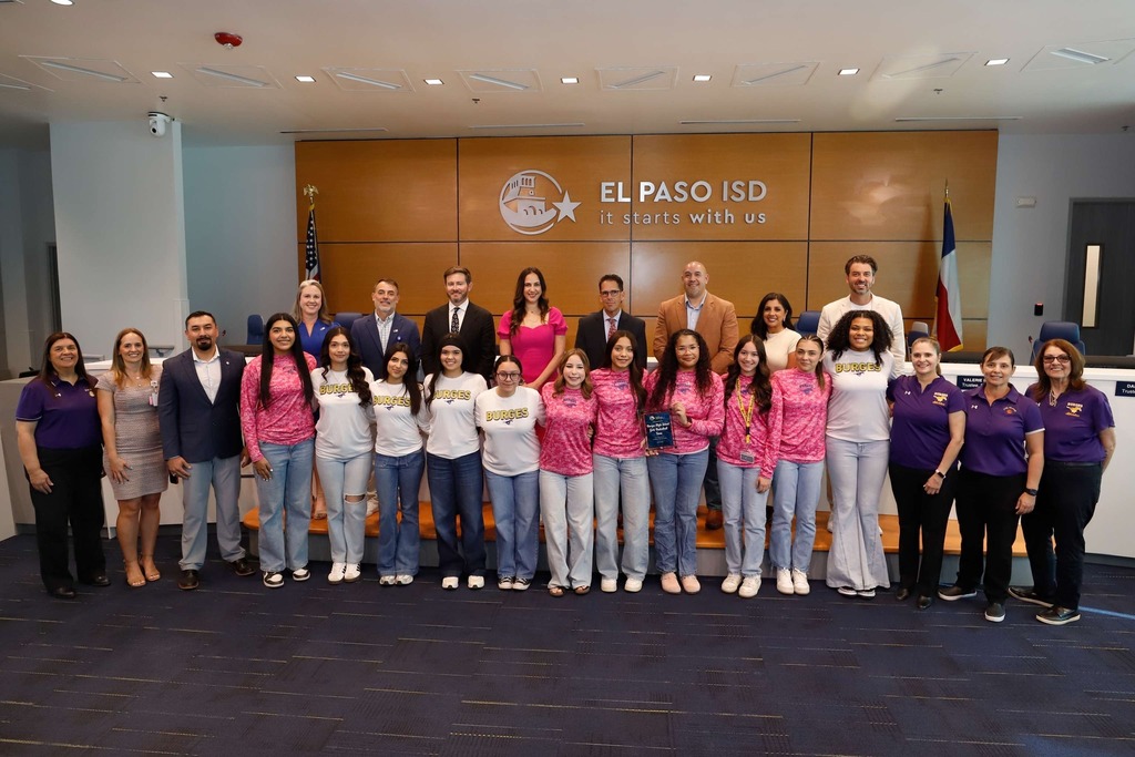 El Paso ISD Board of Trustees and Superintendent Dr. Brian Lusk were excited to recognize our girls basketball teams who earned the title of Bi-District Champions! 🏀🏆 Their dedication, grit, and never-quit attitude continue to shine both on and off the court, and we couldn’t be prouder. 💪👏 Congratulations to our champions from Burges, Chapin, Franklin, and Irvin High Schools! 🌟 (photo of Burges high school girls basketball team with board members and coaches)