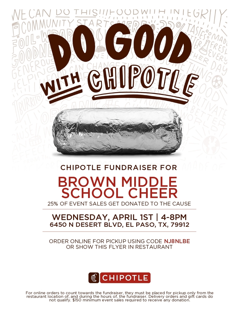 Chipotle Spirit Night for BMS Cheer. Wednesday April 1, 2026 4-8 pm at 6450 N Desert Blvd, El Paso 79912