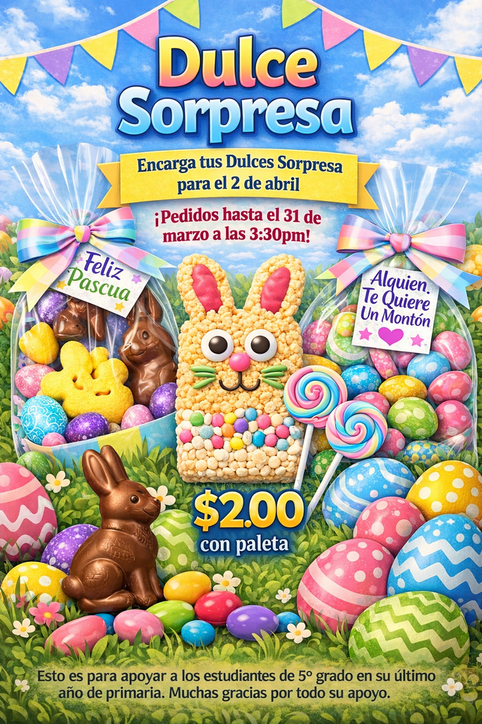 Dulce Sorpresa  Encarga tus Dulces Sorpresa para el 2 de abril  ¡Pedidos hasta el 31 de marzo a las 3:30pm!  Feliz Pascua  Alguien Te Quiere Un Montón 💗  $2.00 con paleta  Esto es para apoyar a los estudiantes de 5º grado en su último año de primaria. Muchas gracias por todo su apoyo.