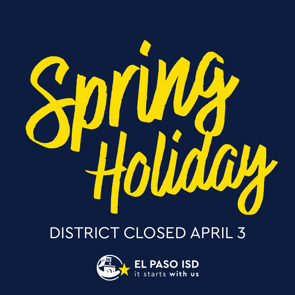Graphic with Navy Blue background with text that says Spring Holiday District Closed April 3