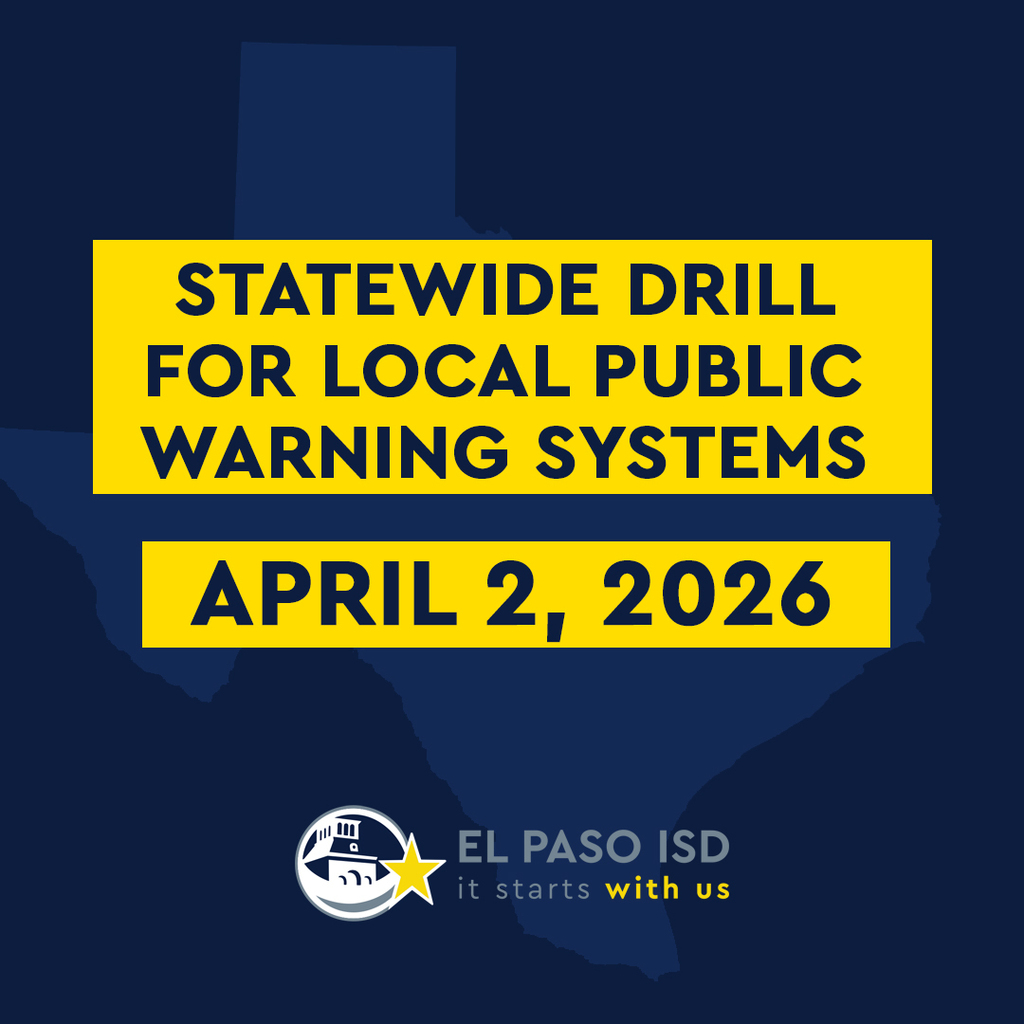 Navy Blue Graphic with shape of Texas in background with text that says Statewide Drill for Local Public Warning Systems April 2, 2026
