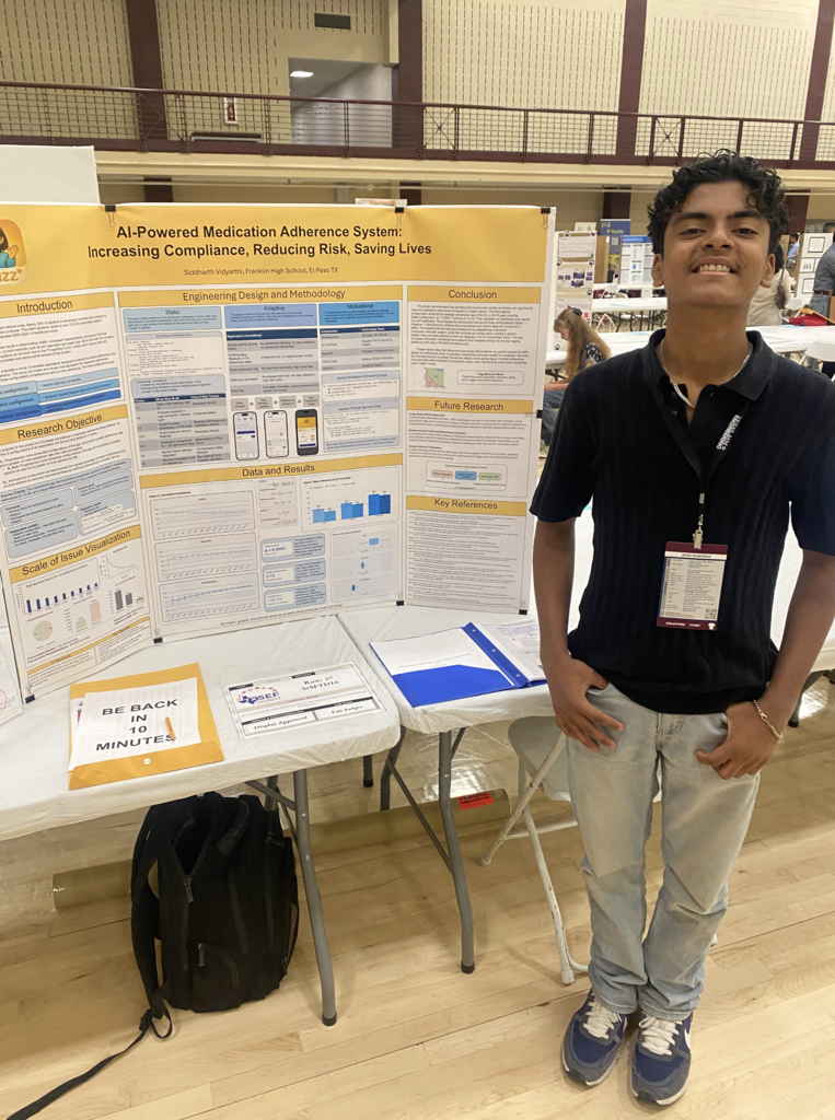 El Paso ISD student take smiles for a photo in front of their project at the Texas Science and Engineering Fair in College Station, Texas