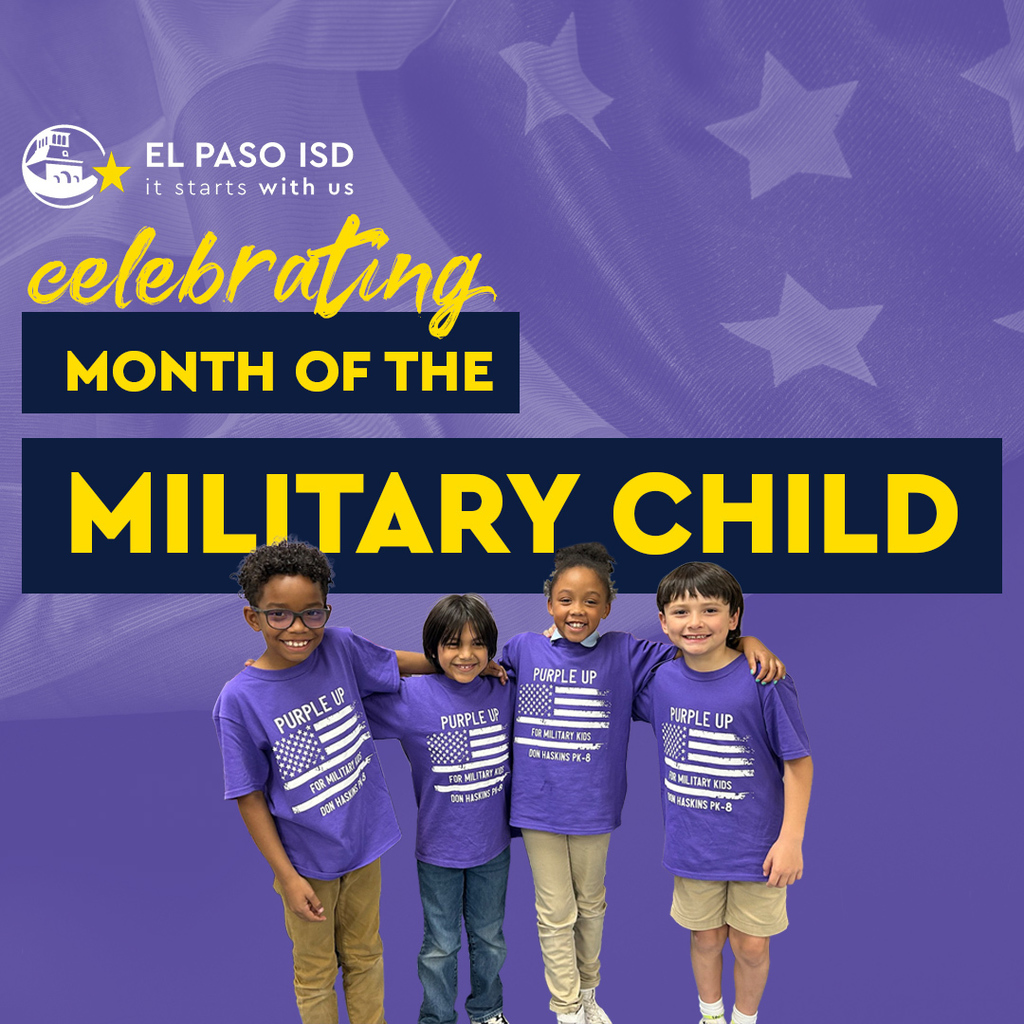 Graphic with photo of four students smiling with text that says Celebrating Month of the Military Child