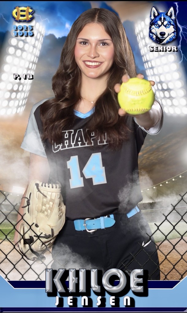 Photo of Khole Jensen, Chapin softball smiling with softball and glove with text that says Khloe Jensen