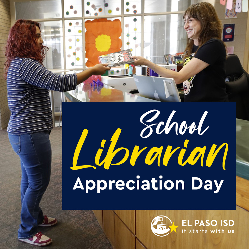 Photo of a librarian handing a book to a student with text that says School Librarian Appreciation Day