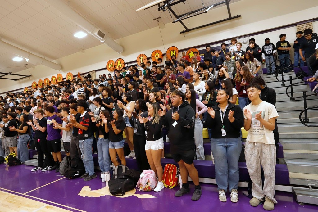  Burges students and staff cheer on their varsity boys soccer team during a pep rally celebrating the team heading out to the Final Four State Playoffs