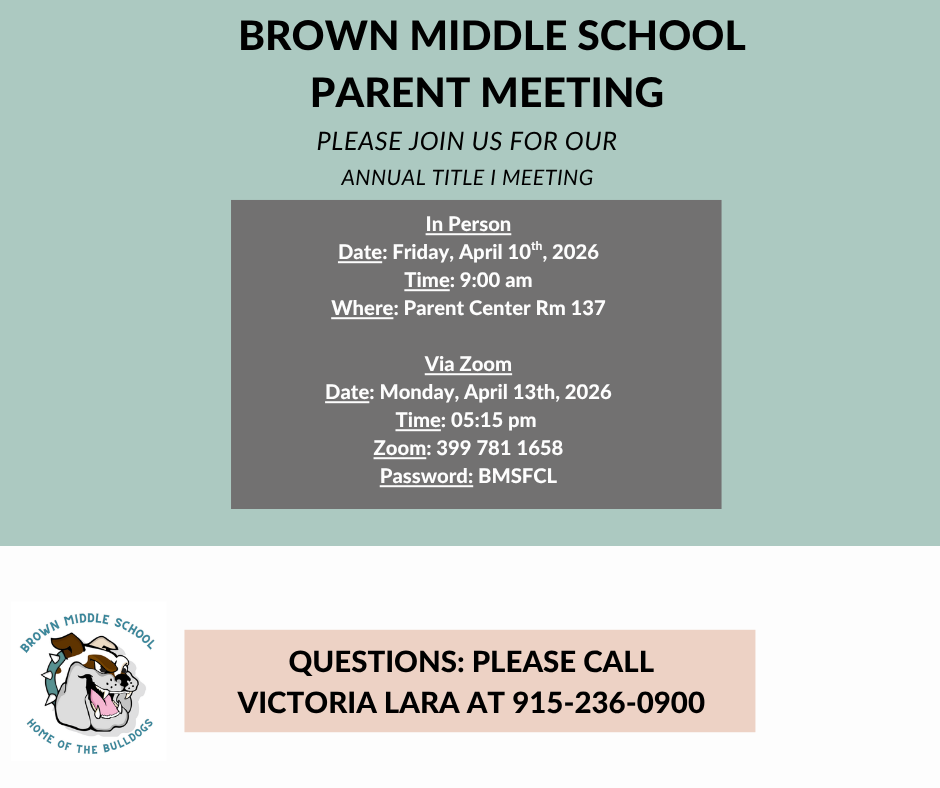 Parent Meeting In Person Friday April 10, 2026 at 9:00am in the Parent Center and Via Zoom Monday, April 13, 2026 at 5:15 pm 